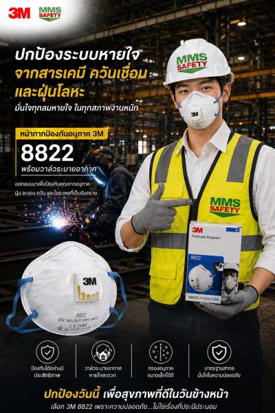 3M : หน้ากากสำหรับงานบัดกรี หลอมโลหะ พร้อมวาล์วระบายอากาศ 8822 P2  (10 ชิ้น/กล่อง)